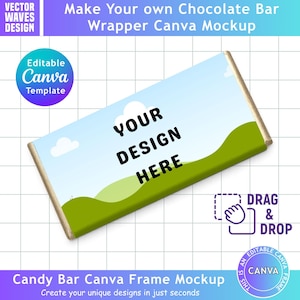 Chocolate Bar Wrapper Canva Mockup, Party Favor Mockup, Candy Bar Canva Frame Mockup, Drag and Drop, Product Display, Custom Canva Frame