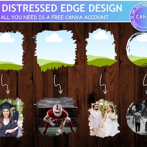 May include: A digital graphic set featuring 40 distressed edge frames for Canva. The image displays four examples of these frames with rough, textured borders, each containing a landscape illustration or a photograph of a person or group.