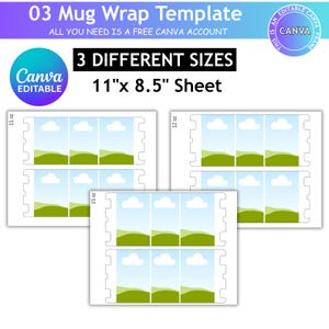 Pu&ograve; includere: Modello bianco per avvolgere tazze, con tre diverse dimensioni: 11 oz, 12 oz e 15 oz. Ogni modello presenta un design paesaggistico con cieli blu, nuvole bianche e colline verdi. Il foglio misura 27,9 cm x 21,6 cm. Modificabile in Canva.