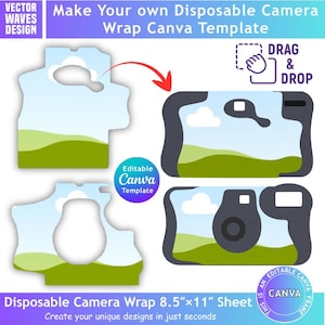 May include: A digital template for a disposable camera wrap on an 8.5" by 11" sheet. The design features a landscape graphic with green hills and a blue sky. It includes text reading "Make Your own Disposable Camera Wrap Canva Template" and "Drag & Drop".