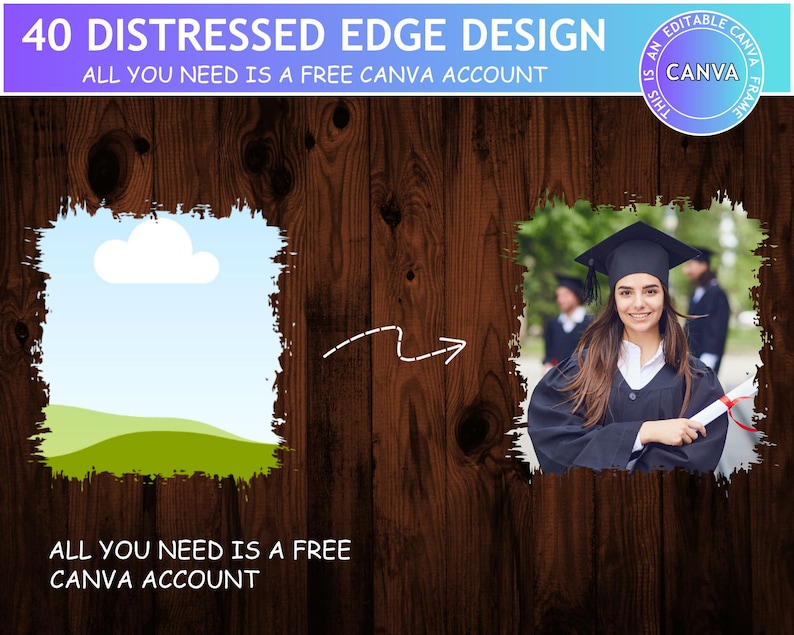 May include: A digital graphic template featuring 40 distressed edge designs on a dark wood background. The image includes a placeholder frame with a cloud and hill icon, a white arrow, and a photo of a graduate in a cap and gown. Text reads: 40 DISTRESSED EDGE DESIGN, ALL YOU NEED IS A FREE CANVA ACCOUNT, THIS IS AN EDITABLE CANVA FRAME.