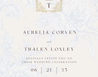 Editable Wedding Invitation Template, Printable,Elegant French Blue, Cottagecore Invitations, Canva Digital Download