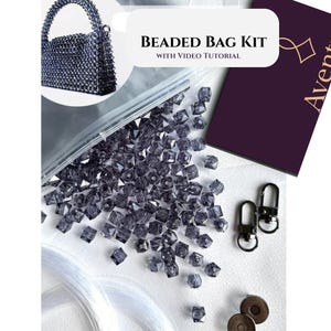 May include: A beaded bag kit with a video tutorial. The kit includes dark gray beads, clear cord, metal clasps, and magnetic closures. The image also shows a finished beaded bag.