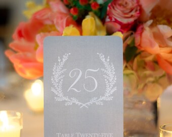 Wedding Table Numbers Sweet Vintage Grey Linen Table Numbers - Calligraphy Numbers with Wreath