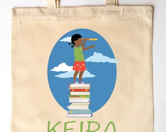 Explore Reading! Library Tote for Kids - Little African American boy explorer library tote book bag - Custom Printed Library Book Bag