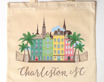 Rainbow Row Charleston SC Wedding Tote - Custom Printed Wedding Guest Canvas Tote Bags - The Holy City Tote