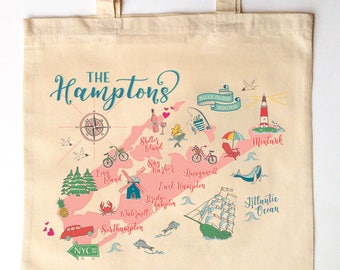 Summer in the Hamptons Map Tote Bag - Custom Printed Wedding Guest Canvas Tote Bags - Hamptons Wedding - Easthampton Bachelorette