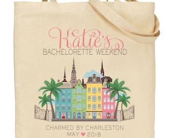 Rainbow Row Charleston Custom Printed Bachelorette Canvas Tote Bags -  Bridesmaid Tote Bags - Bachelorette Gifts - Holy City Charm