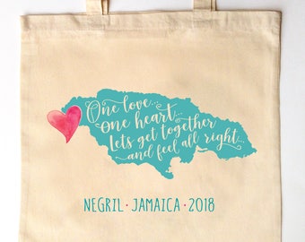 One Love One Heart Jamaica - Custom Printed Wedding Guest Canvas Tote Bags - Montego Bay wedding