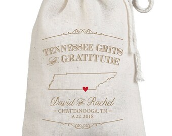 State Outline Grits Gratitude Custom Wedding Favor Bags - Cotton Printed Guest Bags - Tennessee Carolina Grits Muslin Sack