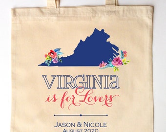 Virginia is for Lovers Watercolor Florals - Custom Printed Wedding Guest Canvas Tote Bags - Virginia Wedding Gift Bag