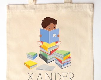 Boy Reading Library Tote for Kids - Custom Printed Library Book Bag - Children's Tote Bag - little boy reader library tote book bag