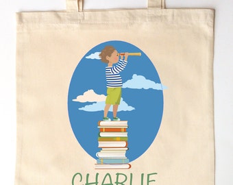 Library Tote for Kids - Custom Printed Library Book Bag - Children's Tote Bag - little boy explorer library tote book bag