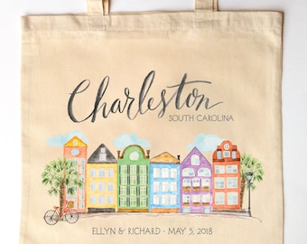 Rainbow Row Charleston SC Wedding Tote - Custom Printed Wedding Guest Canvas Tote Bags - The Holy City