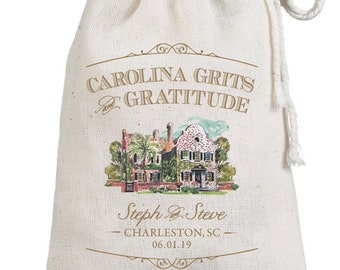 Carolina Grits Gratitude Custom Wedding Favor Bags - Cotton Printed Guest Bags - Middleton Place Carolina Grits Muslin Sack