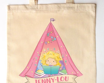 Happy Camper Library Tote for Kids - Custom Printed Library Book Bag - Children's Tote Bag - Little Light Up Tent