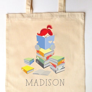 Little Reader Bookworm Library Tote for Kids Custom Printed Library Book Bag Children's Tote Bag I love Reading image 3