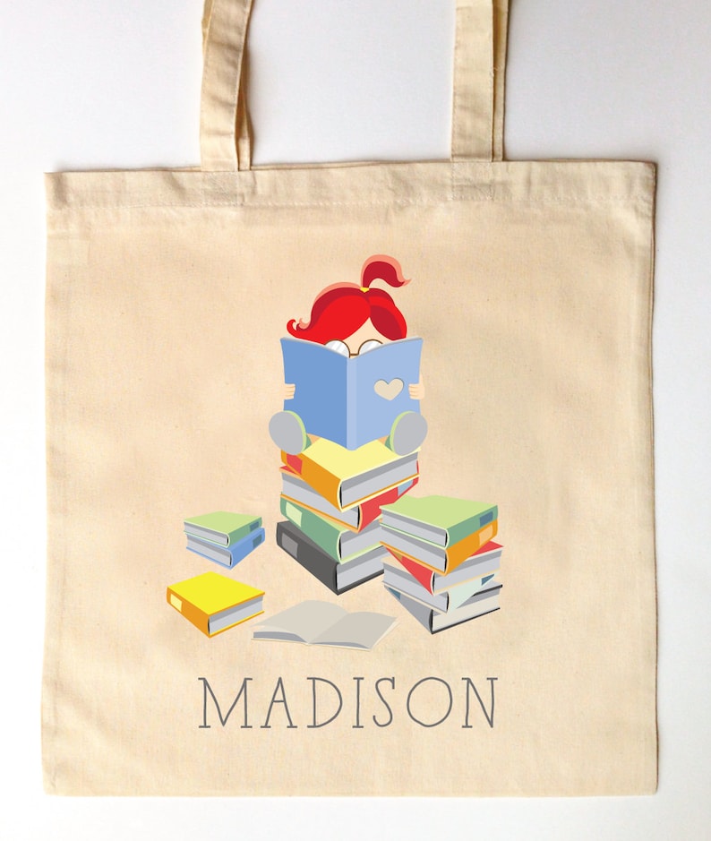 Little Reader Bookworm Library Tote for Kids Custom Printed Library Book Bag Children's Tote Bag I love Reading image 3