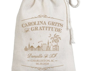 Carolina Grits Gratitude Custom Wedding Favor Bags - Cotton Printed Guest Bags - Charleston, South Carolina Grits Muslin Sack