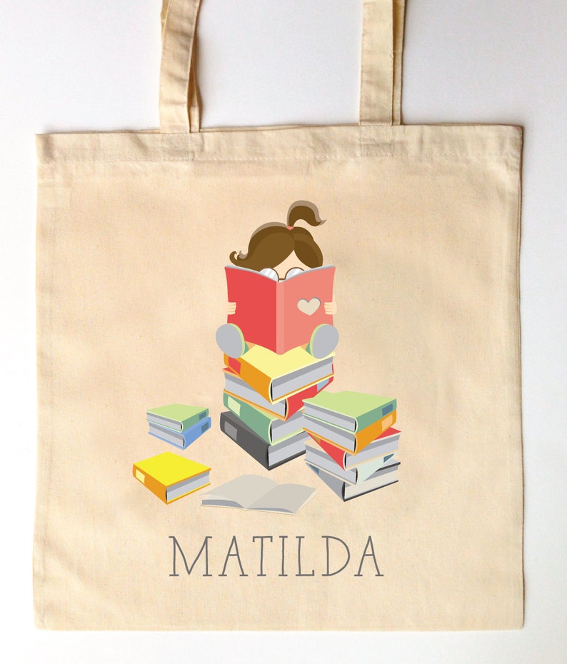 Little Reader Bookworm Library Tote for Kids Custom Printed Library Book Bag Children's Tote Bag I love Reading image 2