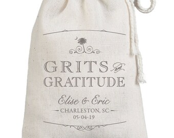 Carolina Grits Gratitude Custom Wedding Favor Bags - Cotton Printed Guest Bags - Charleston, South Carolina Grits Muslin Sack