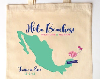 Hola Beaches! - Custom Printed Wedding or Bachelorette Guest Canvas Tote Bags - Mexico Wedding Gift Bag