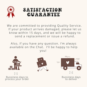 May include: An image with the text "SATISFACTION GUARANTEE" and a red ribbon badge. The text promises quality service, replacements or refunds for damaged products within 15 days. It also mentions customer service availability.