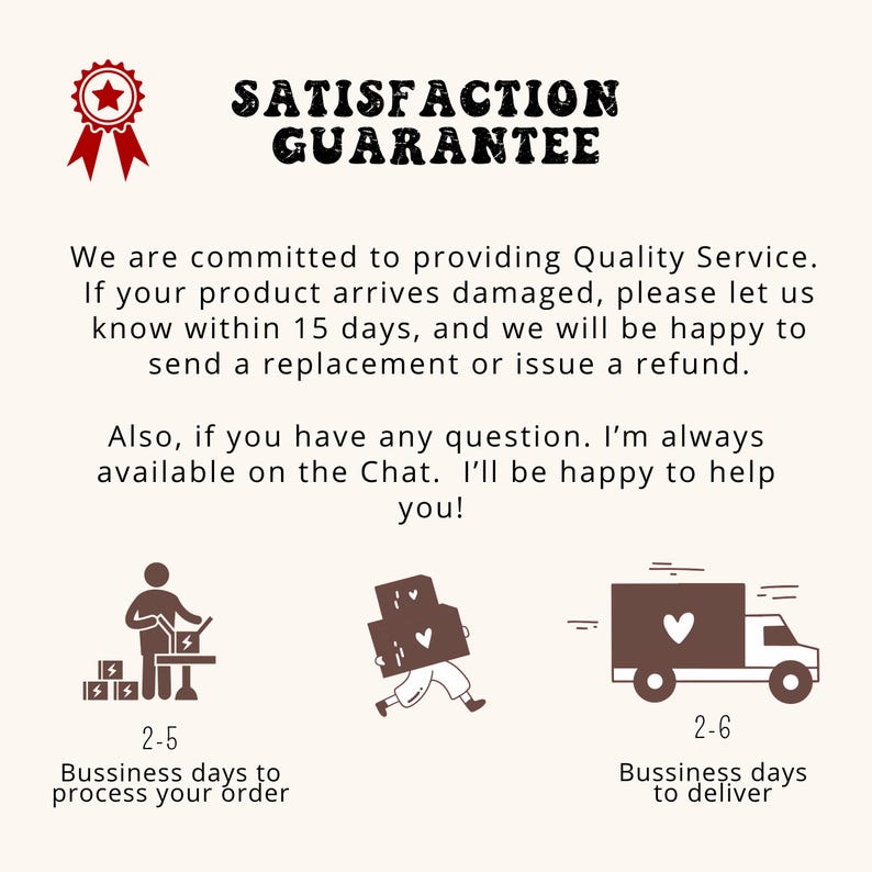May include: An image with the text "SATISFACTION GUARANTEE" and a red ribbon badge. The text promises quality service, replacements or refunds for damaged products within 15 days. It also mentions customer service availability.