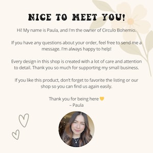 May include: A cream-colored graphic with the text "NICE TO MEET YOU!" and a message from Paula, the owner of Circulo Bohemio. The message thanks customers for their support and includes a photo of Paula.