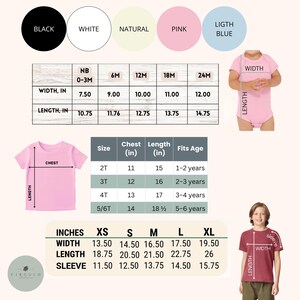 May include: A graphic showing size charts for children's clothing, including onesies and t-shirts. The charts display measurements in inches for width, length, and sleeve length, along with age ranges and sizes from NB to XL. Color swatches are also included.