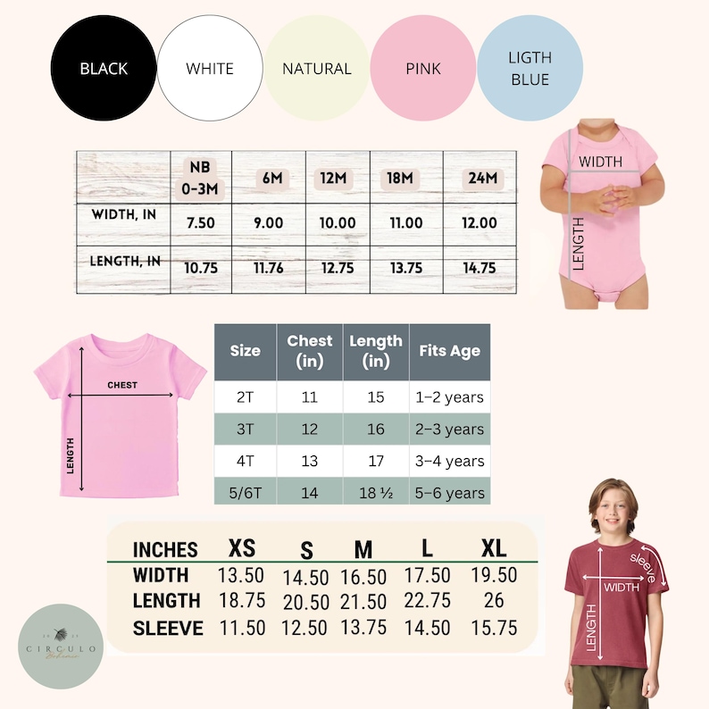 May include: A graphic showing size charts for children's clothing, including onesies and t-shirts. The charts display measurements in inches for width, length, and sleeve length, along with age ranges and sizes from NB to XL. Color swatches are also included.