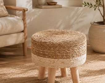 Seagrass Foot Stool Ottoman, Handwoven Round Pouf with Pine Legs, Natural Foot Rest for Living Room, Bedroom, Office, Boho Home Decor