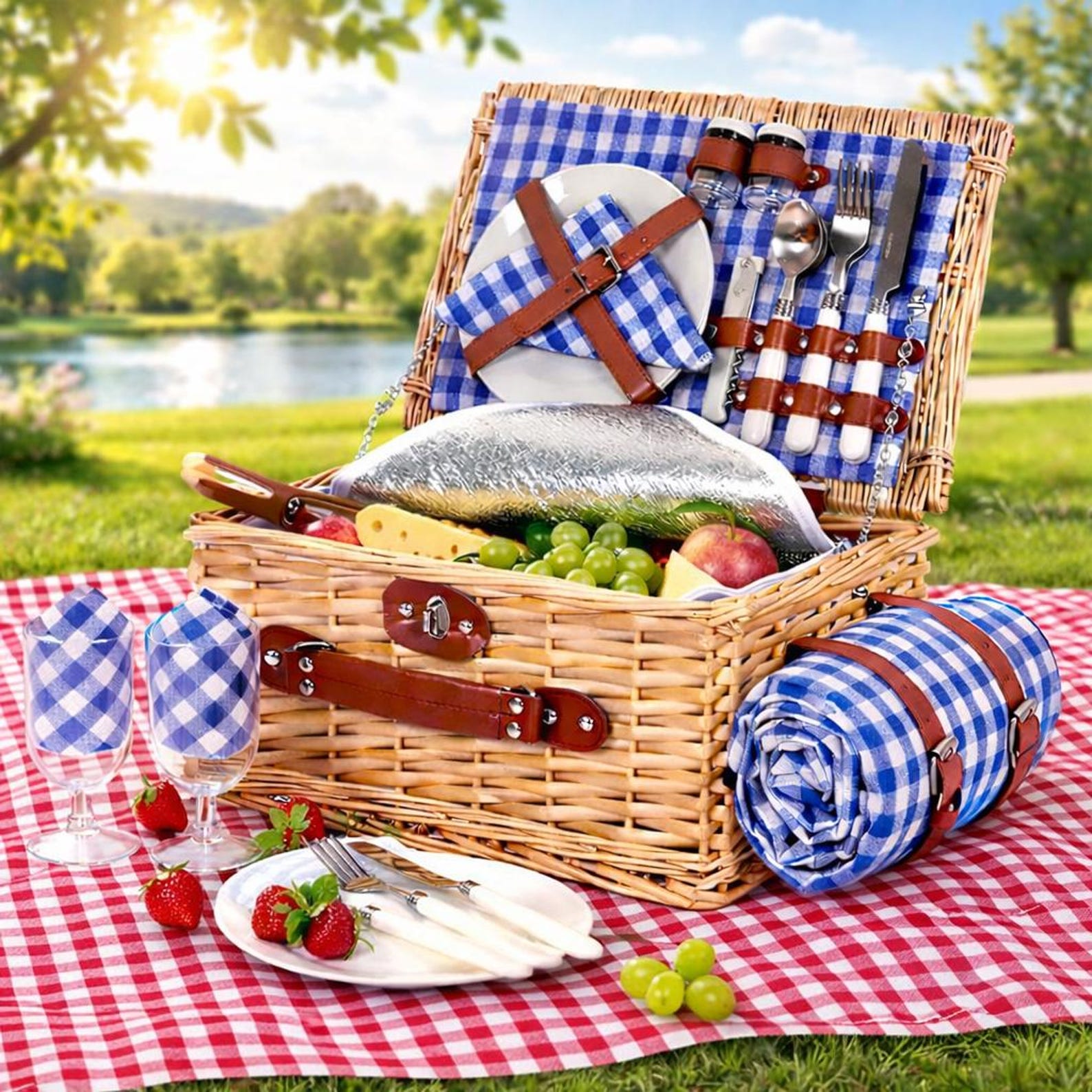 Picnic Basket Set for 2 Wicker Picnic Basket with Blanket Insulated Picnic Hamper with Cutlery Outdoor Camping Beach Picnic Gift - Blue
