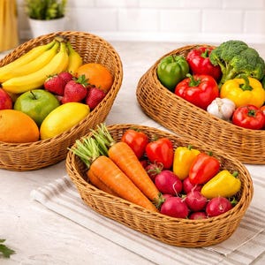 May include: Three woven wicker baskets filled with fresh produce. One basket holds bananas, apples, oranges, strawberries, and a lemon. Another contains bell peppers, tomatoes, broccoli, cucumbers, and garlic. The third basket has carrots, radishes, and bell peppers.