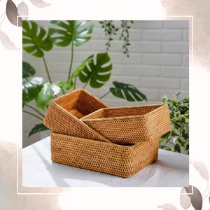 May include: Three rectangular woven baskets in varying sizes are stacked on top of each other. The baskets are a warm, natural brown color and have a textured surface. The background includes green plants and a white brick wall.