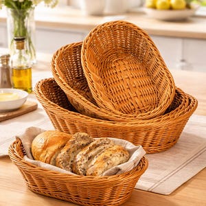 3 Pack Woven Plastic Fruit Baskets, Stackable Oval Bread Basket Set, Kitchen & Dining Storage, Imitation Rattan Baskets for Serving