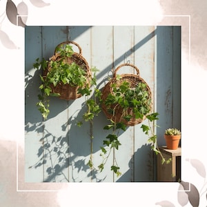 May include: Two round, woven wicker hanging baskets filled with green ivy plants. The baskets have arched handles and are suspended against a light blue wooden wall. A small terracotta pot with a succulent sits on a wooden shelf.