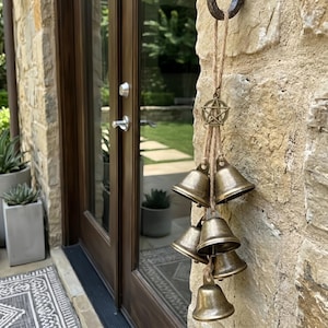 Witch Bells for Door Protection, Vintage Brass Wind Chimes, Hanging Pentagram Bells, Boho Home Decor, Cleansing Altar Bells, Housewarming