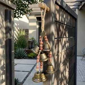 Witch Bells Door Hanger, Vintage Brass Chime Protection, Rustic Floral Wood Bead Windchime, Boho Cottagecore Sacred Home Decor