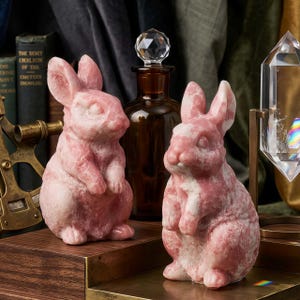 May include: Two pink and white rabbit figurines are displayed on a wooden surface. The bunnies have a textured appearance and are standing upright. A brown glass bottle with a crystal stopper and a large clear crystal are in the background.