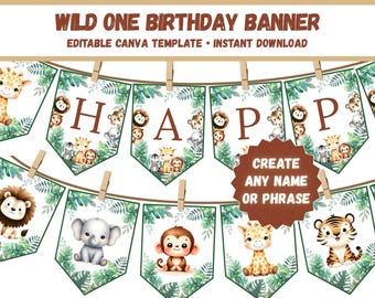 Wild One Birthday Banner, Editable Name Banner Template, Safari Birthday Decorations, Custom Event Banner, Jungle 1st Birthday Decor