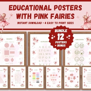 Peut inclure: Ensemble de 12 affiches éducatives avec des fées roses, comprenant les formes, l'alphabet et les émotions. Les affiches sont dans des cadres en bois et présentent des illustrations de fées et du contenu éducatif. Le texte "EDUCATIONAL POSTERS WITH PINK FAIRIES" est en haut.