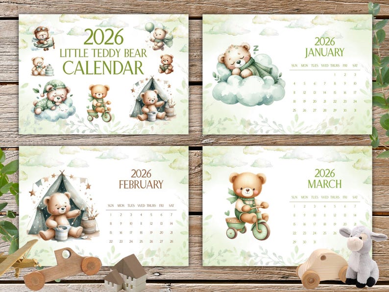 Kids Calendar 2026 Printable | Teddy Bear Nursery Decor | Cute Monthly ...