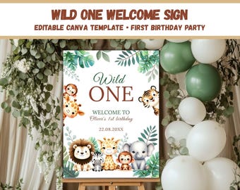 Wild One Birthday Willkommensschild, Safari-Willkommensschild, Dschungel 1. Geburtstagsvorlage, Safari-Tier-Partydekoration, bearbeitbares Canva-Poster