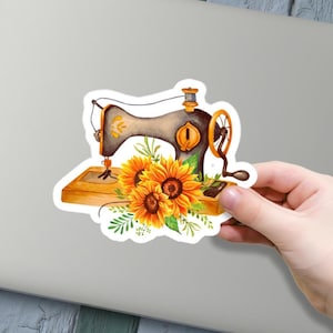 Sticker vintage machine à coudre avec tournesols, sticker pour ordinateur portable thème artisanat, accessoire d'agenda, complément pour carte, petit cadeau de papeterie