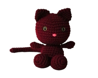 Crochet Kitty Cat Plushie, Burgundy Red Kitten Doll with Green Eyes, Amigurumi Stuffed Animal, Children's Gift, Stocking Stuffer