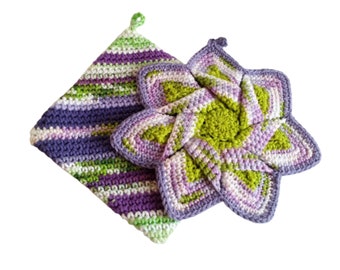 sandstone tan or lilac purple set of 2 Double Thick Cotton Hand Crocheted Large Round Potholders 