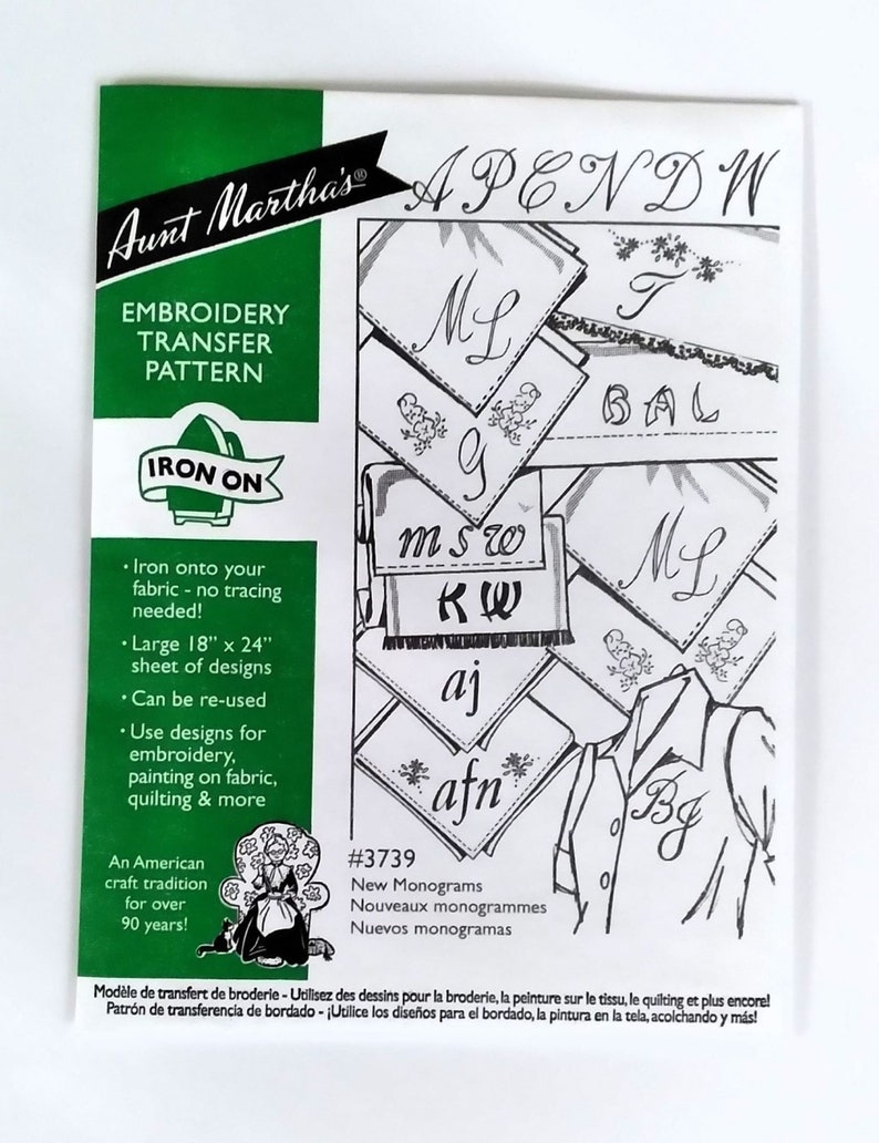 Aunt Martha's Hot Iron Transfers, Discontinued or Hard to Find Iron on Designs to Embroider or Paint, for Fabric, Linens, and Clothing 3739 New Monograms