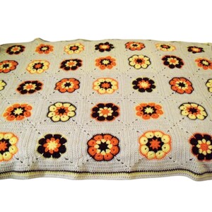 The ORIGINAL Retro Inspired Flower Blanket in Orange, Yellow, Brown, and Aran