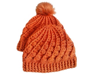 Soft Textured Spiral Beanie with or without Pom, Handmade Crochet Unisex Adult Hat, Dark Orange Terracotta Winter Toque, Gift of Warmth